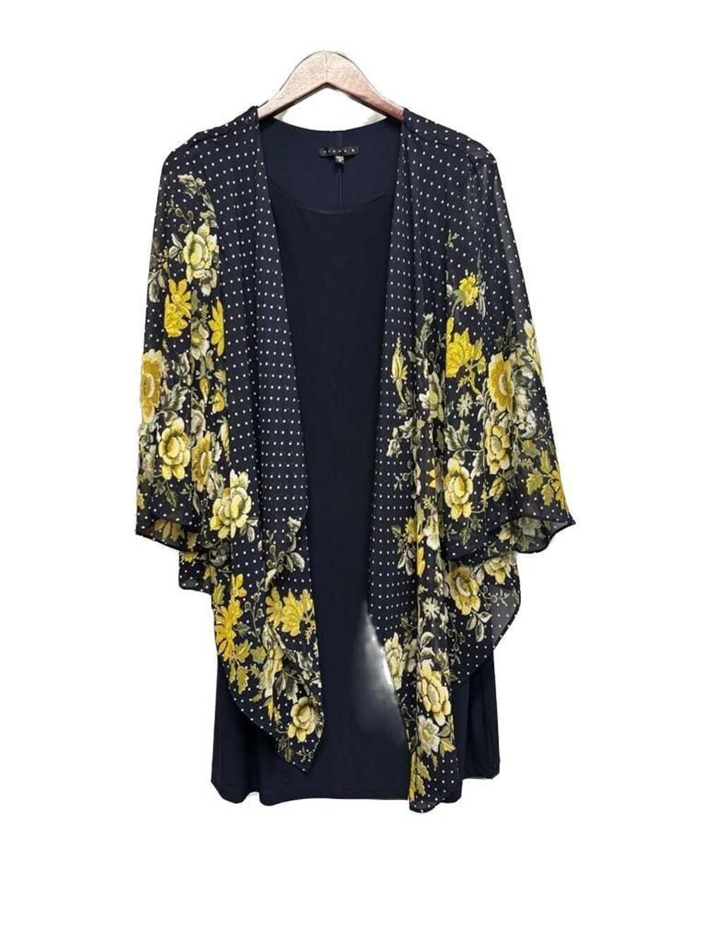 Tiana B. Navy Floral Polka Dot Chiffon Overlay Dress Sz 16